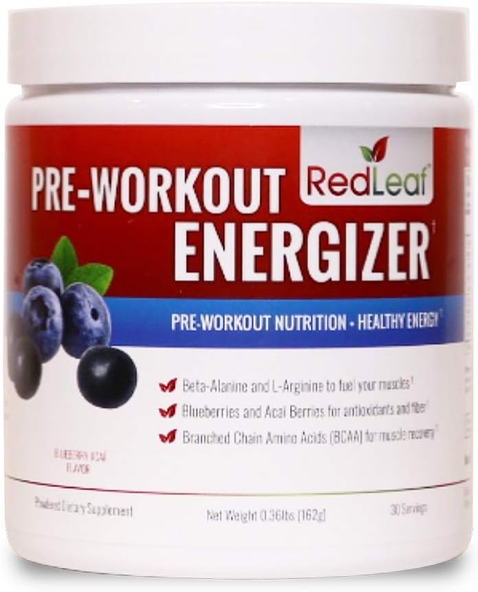 Red Leaf Pre-Workout Energizer Powder, BCAA's, Beta-Alanine, Amino Acids and Green Tea for Immune Support - 30 Servings (Blueberry Acai)