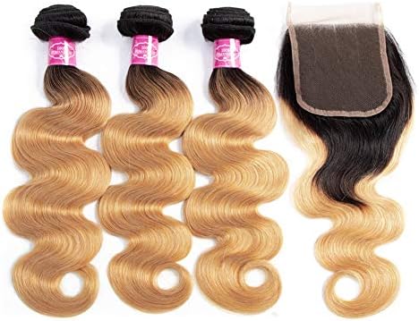 Brazilian Virgin Hair Body Wave Ombre Bundles With Closure Free Part T1B/27 Blonde Ombre 3 Bundles With 4x4 Lace Closure Hair Extensions Alina Hair (20 22 24+ 18closure, T1B/27-Body Wave)