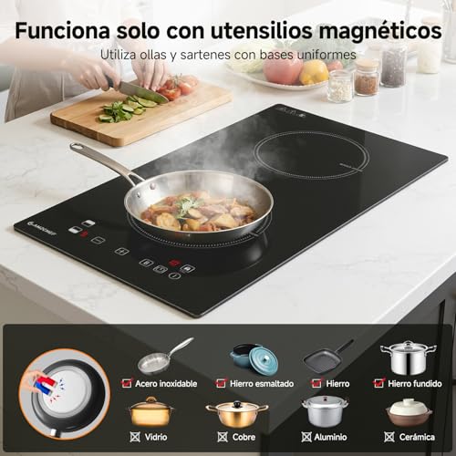 AMZCHEF Induction hob 2 burners with continuous heating, 10 power levels and boost, safety lock and timer, overheat protection, recessed / portable, 3700W