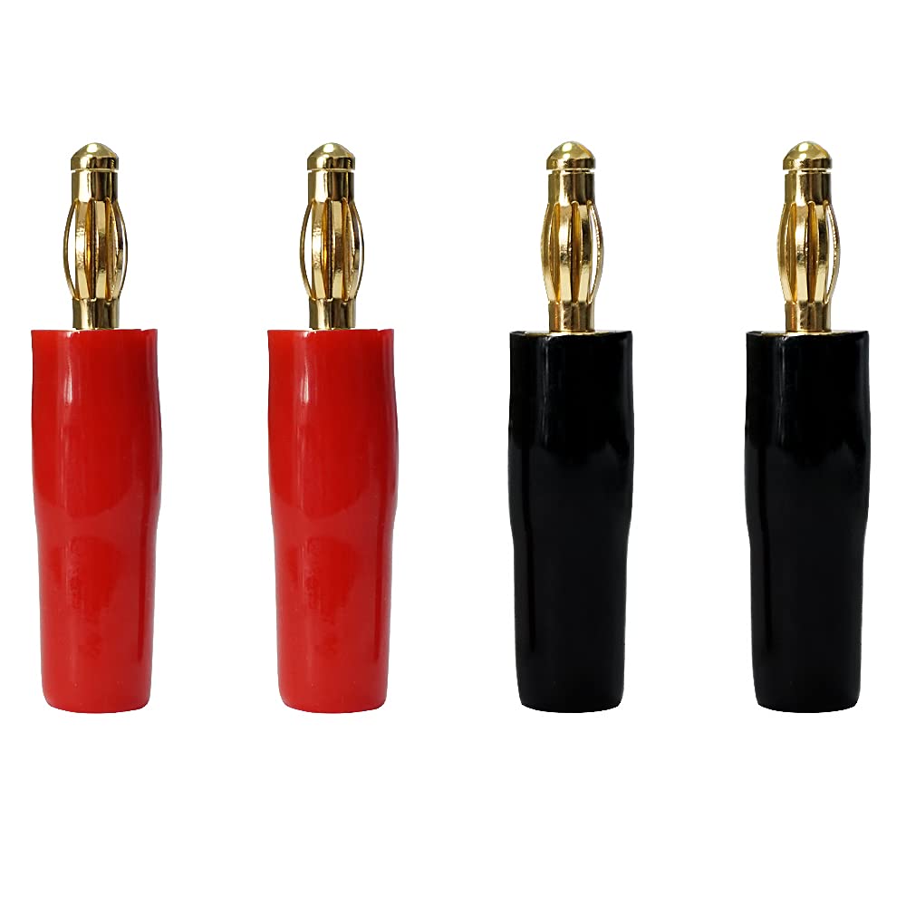 4vwin 4mm Banana Plugs 24K Gold Plated Bannan Plug Connector for Speaker, Audio/Video Receiver, Amplifiers and Sound Systems (2 pairs (4 Pieces))