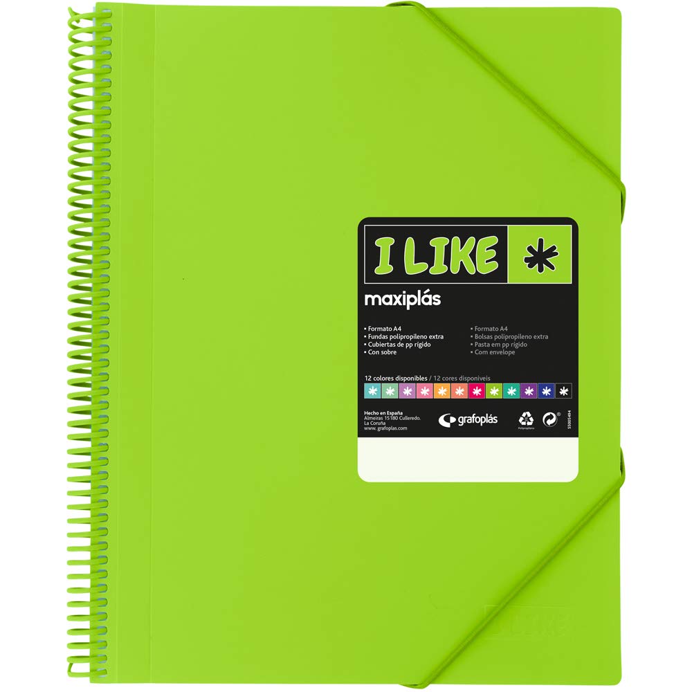 Grafoplás 39825221 Spiral Covers, 50 Transparent Covers, Green, A4, Hard Opaque Polypropylene Covers, Maxiplas Like