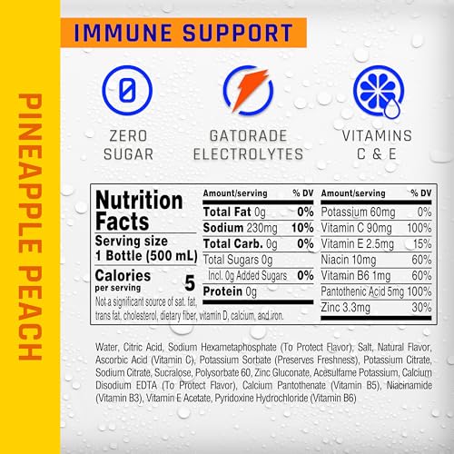PROPEL IMMUNE SUPPORT ELECTROLYTE ENHANCED WATER SPORTS DRINK, PINEAPPLE PEACH FLAVORED WATER, 100% DV VITAMIN C + ZINC, ZERO CALORIE & ZERO SUGAR HYDRATION WITH ELECTROLYTES AND VITAMINS, 16.9 FL OZ WATER BOTTLES (12 PACK)