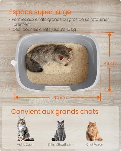 Bac à Litière pour Foyers Multi-Chats, Litière Extra Large avec Paroi Latérale, avec Un Tapis de Litière, Boîte de Rangement, Pelle, pour Grand Chat, Gris Tourterelle PPT003G01