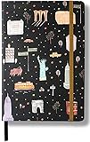 Minimalism Art, City Notebook Journal, Medium A5 5.8 x8.3 inches, Dotted, Hard Cover Linen Fabric, 234 Numbered Pages, Gusseted Pocket, Ribbon Bookmark, Ink-Proof Paper 120gsm (Black/Gold)