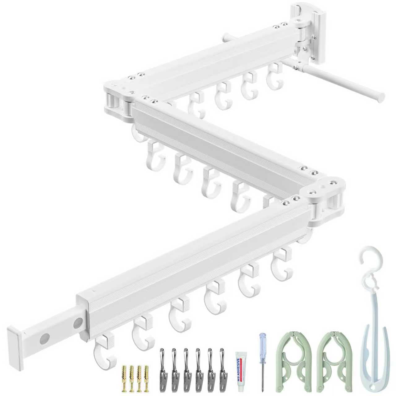 Wall Mounted Clothes Drying Rack, Space Saving,Triple Foldable, Retractable Clothes Airer with Extension Pole, Aluminium Clothes Dryer Rack with 18 Hooks, For Balcony, Laundry(White-Single Hook )