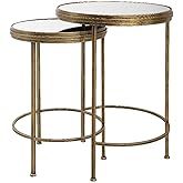 MAKLAINE Coastal Metal Nesting Tables, Antique Brushed Gold Finish, Set of 2, Durable Iron Construction, Polished Mirror Surf