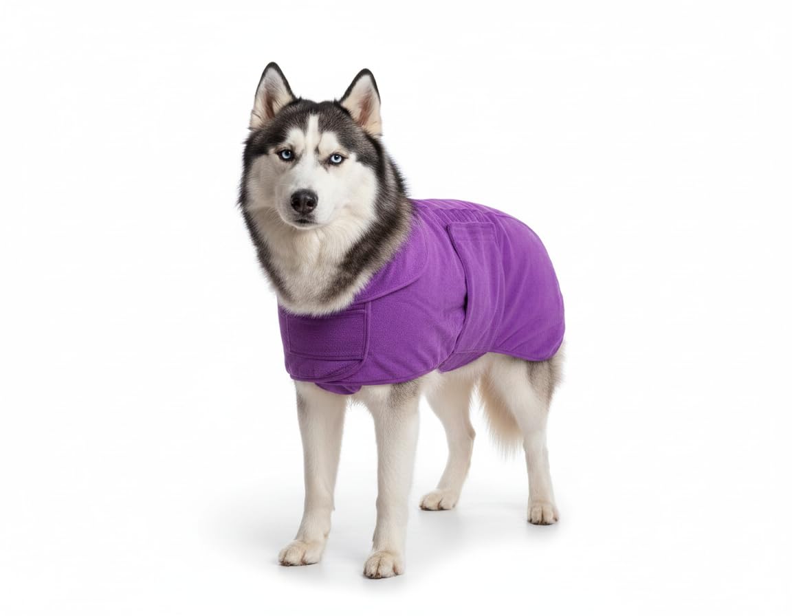 Dog Towel XXL Size Purple Microfiber Dog Drying Coat Double Layered Fast Drying Bathrobe Super Absorbent Hook & Loop Design Robe 400 GSM