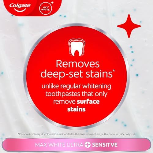 Colgate Max White Ultra + Sensitive Toothpaste 75ml | Clinically Proven 5x Whiter Teeth* and 24/7 Protection** for Sensitive Teeth