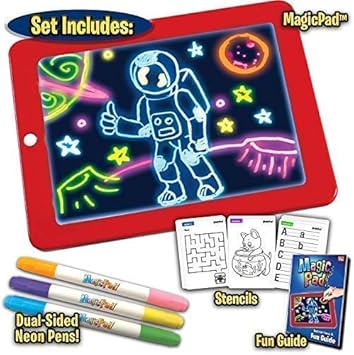 MOHANKHEDA Magic Sketch Drawing Pad Light Up LED Glow Board Draw, Sketch, Create, Doodle, Art, Write, Learning Tablet Includes 3 Dual Side Markets, 30 Stencils and 8 Colorful Effects for Kids