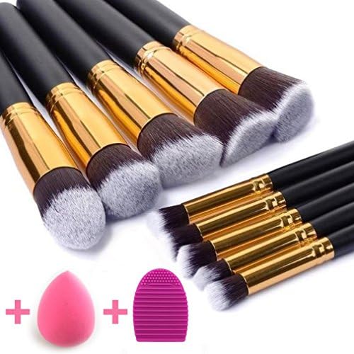 Makeup Brushes Set 10pcs Premium Lip Makeup Brush Kit Professional Face Eye Shadow Eyeliner Foundation Cosmetic Blending Brush Tool with 1pc Pink Makeup Sponge Brush Egg Cleaner