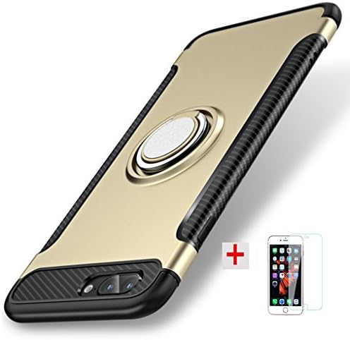 iPhone 8 plus Case, iPhone 7 plus Case 2017 with Ring Kickstand Shockproof Protective Cover Work with Magnetic Car Mount + Tempered Glass Screen Protector (Gold)