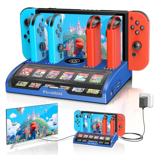 Fenolical TV Switch Dock Station for Switch/OLED with Controller Charging, Support 4K/1080P HDMI Charger Docking Station for Accessories with 12 Game Slots (Blue)