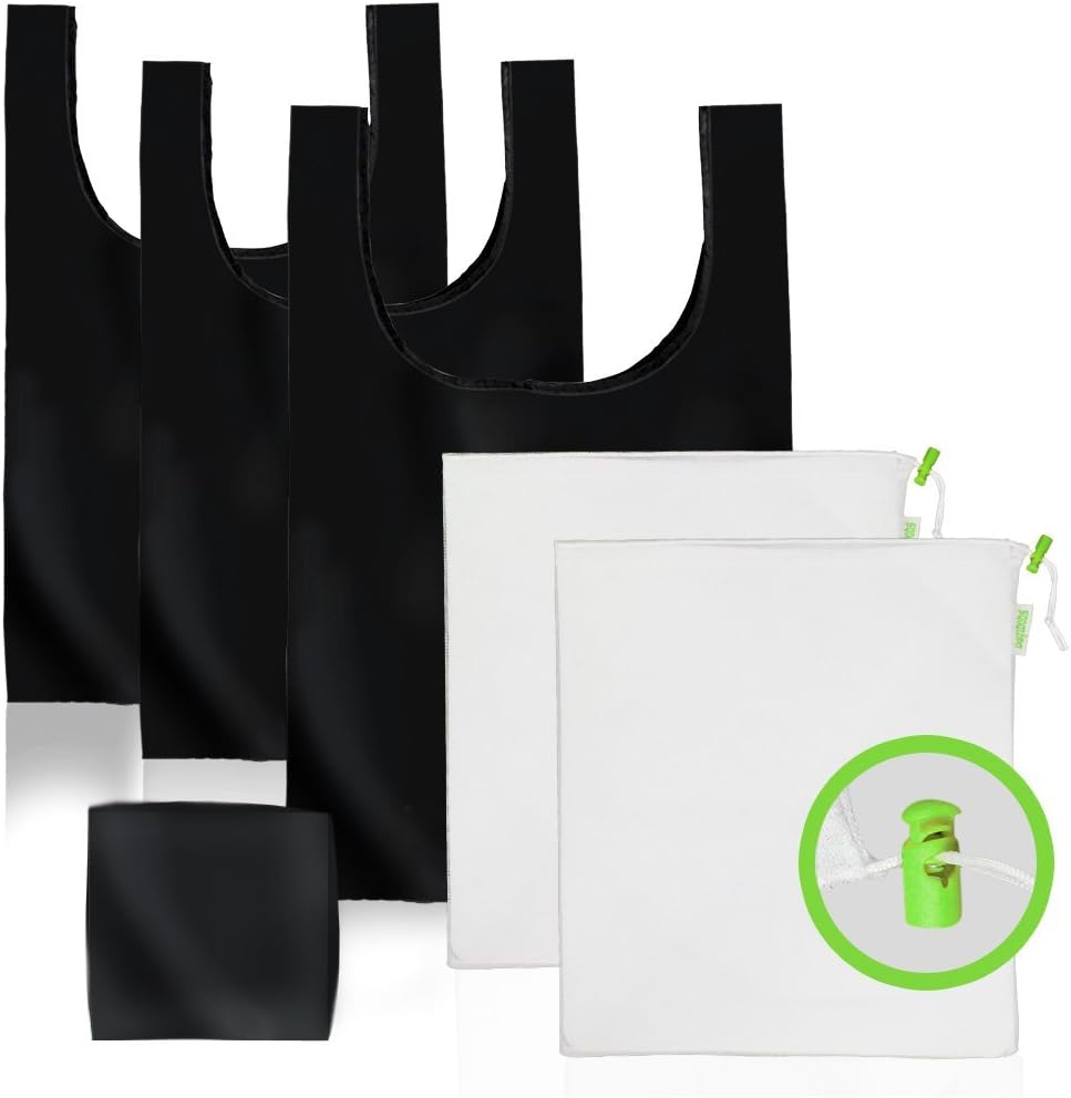 Bagibobs Reusable Grocery & Produce Bag Set - THREE Black Reusable Grocery Bags with TWO BONUS Mesh Produce Bags