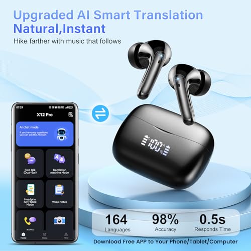 AI Translator Headphones, 2026 Bluetooth 5.4 Headphones with Translator 164 Languages Headphones Translator Real Time with 7 Modes, ENC Noise Reduction 56H Runtime for Business Travel, Black