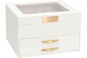 Jewelry Organizer Box with Glass Lid, Women Jewelry Box White Jewelry Case 3-Layer with 2 Drawers, Jewelry Organizer White Je