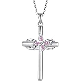 Inpasne Cross Necklace for Women 925 Sterling Silver Butterfly Cross Pendant Necklace Birthstone Jewelry Gifts for Her
