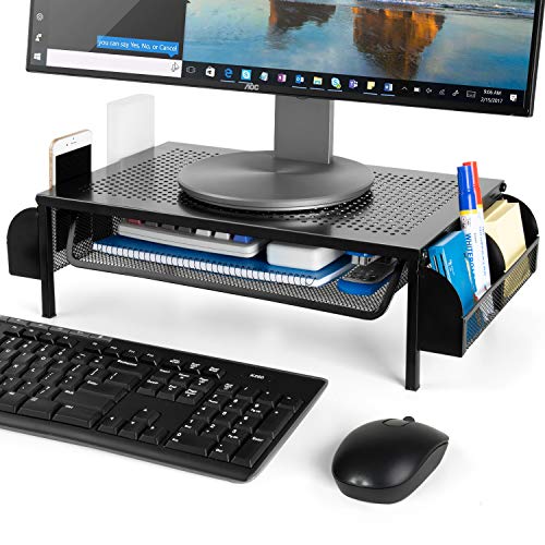 Bextsware Metal Desk Monitor Stand Riser, Desktop Organizer Printer Stand Holder with Pull Out Storage Drawer and Side Compartments Pockets for Computer, Laptop, iMac, Pens, Phones, Calculators