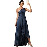Uknztcl Women's One Shoulder Bridesmaid Dresses with Slit for Wedding Pleated Satin High Low Long Formal Evening Dress