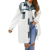 FSHAOES Womens Winter Coats Fuzzy Fleece Jacket Shacket Plaid Lapel Button Down Flannel Shirt Lightweight Outwear