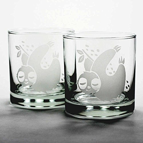 SLOTH Lowball Glasses set of 2 - Dishwasher-safe etched whiskey glass