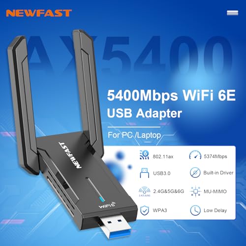 NEWFAST WiFi Adapter For PC/Laptop AXE5400Mbps WiFi Dongle 6GHZ/5GHz/2.4GHz Tri-band USB 3.0 Wireless Adapter, Support Windows 11/10, Low-Latency Gaming Wireless Dongle