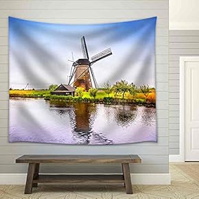 Windmills and Water Canal in Kinderdijk, Holland or Netherlands. - Fabric Wall Tapestry Home Decor - 51x60 inches