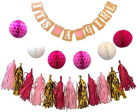Baby Shower Decorations for Girl, Display Props, It’s a Girl Banner, Red/White/Pink Paper Honeycomb Balls Flowers & Gold Tassels, Photos, Wall Kit, Party Supplies - for Newborns - Products Central