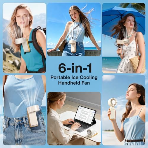 Lomffy Ventilador Portátil de Mano con Enfriador de Hielo, 6 en 1 Ventilador de Mano Turbo con clip y pantalla LED 360° 180° Giratorio Alta velocidad Ventilador Turbo Recargable Velocidad de 1 a 100