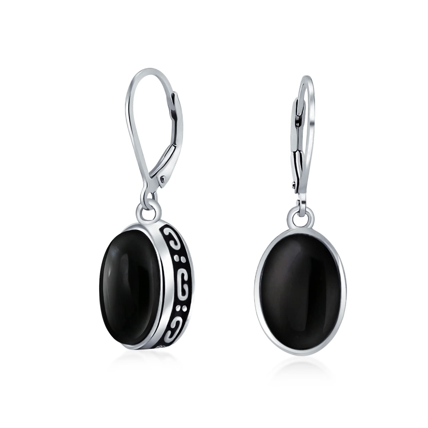 Simple Western Style 3.2CT Dyed Black Onyx Dome Oval Bezel Set Lever Back Dangle Earrings For Women .925 Sterling Silver — image 1