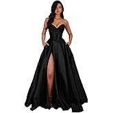 Memphty Strapless Satin Prom Dresses with Slit A Line Long Beaded Sequin Formal Evening Party Gowns with Pockets