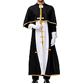 EHSUYAB Mens 3 Pcs Priest Costume, Robe With Cape & Gloves & Cross, Cospaly Pastor Halloween Outfits