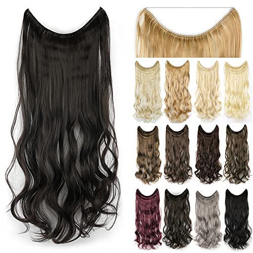 IMISSU 22'' 26'' Long Body Wavy Hair Extensions Fish Line Hairpiece Synthetic Invisible Secret Wire Headwear Flip Curly Hair Extension Pieces (22 Inch,Black Brown)