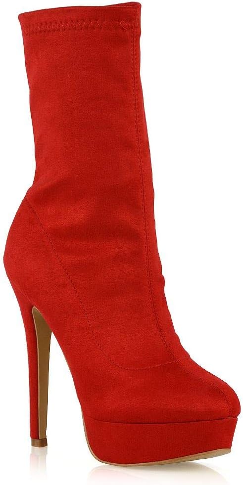 Womens High Rise Stretch Calf Platform Shoes Booties Ladies Pull On Sock Ankle Boots Size 3-8