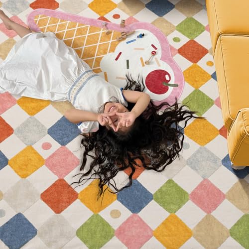 jinchan Kids Area Rug 4x6 Washable Indoor Checkered Floor Cover Non Slip Modern Soft Rug Living Room Carpet Decor for Nursery Dining Room Bedroom Circus on Cream
