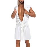 VintageClothing Men's Summer Robe with Hooded Lightweight Bathrobe House Kimono Sleeveless Sexy Sleepwear Pajamas
