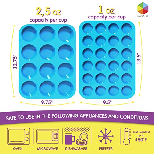 Silicone Muffin and Cupcake Pans - Set of 2 | Cake Molds | Large (12) and Mini (24) | Easy to Clean Non Stick Bakeware | BPA Free and Dishwasher Safe by Lucentee