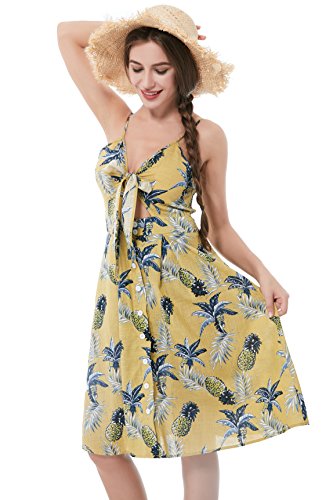 Summer Dresses for Women Sundress Button Down Bohemian Midi V Neck A Line Beach Swing Dress (Yellow, m)