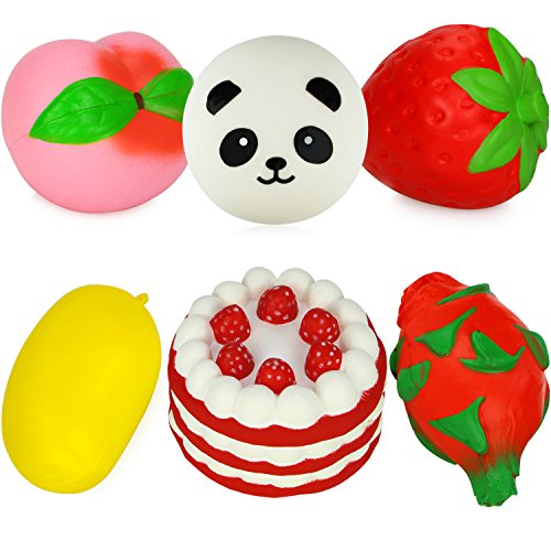 Dreampark Jumbo Slow Rising Fruit Squishes Strawberry Peach Mango Dragon Panda Cake Squishy Charms Kawaii Cream Scented Stress Relief Toy [Pack of 6]