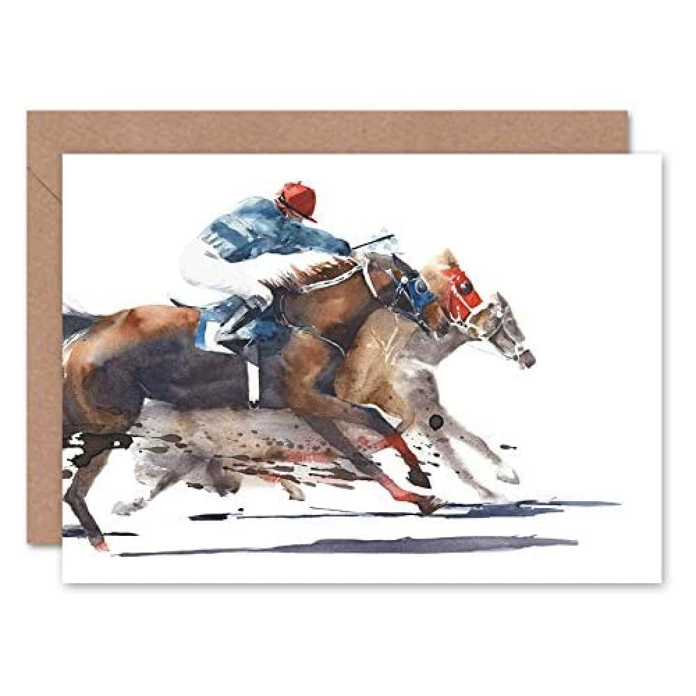 Wee Blue Coo Racing Horses With Jockey Greeting Card With Envelope Inside Premium Quality