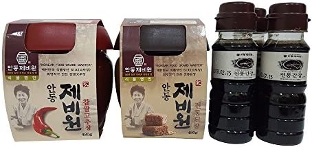 Andongjebiwon Traditional Doenjang Soybean paste Food - 480 Gram, Gochujang Glutinous Rice Hot Red Pepper Paste Food - 480g, Soy Sauce - 300ml (Pack of 3 - 100 ml)