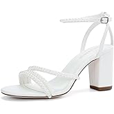 YWXYMGE Block Heel Wedding Shoes for Bride Pearl Heels Open Toe Bridal Shoes Chunky Heel Wedding Sandals