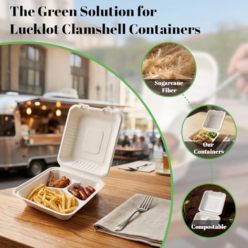 Lucklot 100 Pack Togo 8×9 Inch Disposable 3 Compartment White Clamshell Take Out Containers with Lids, To Go Takeout Lunch Boxes Compostable and Eco-Friendly Biodegradable Bagasse PFAS-Free for Food