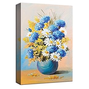 Canvas Wall Art Beautiful Flowers Blue Yellow White Painting Artwork for Home Decor Framed - 12x18 inches