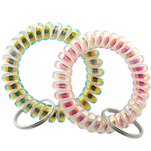 Shells 11Pack Bright Pearlized Colorful Assorted Gradual Changing Colors Flesible Plastic Spiral Coil Wrist Band Stretchable Key Ring Chains with Key Holders (11) - Thumbnail 2