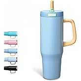Winscj 40 oz Tumbler with Handle and Straw,100% Leakproof Insulated Tumbler with Lid and Straw,Stainless Steel Water Bottle,for Home Office Travelling,Fits in Cup Holder(Light Blue Grey)