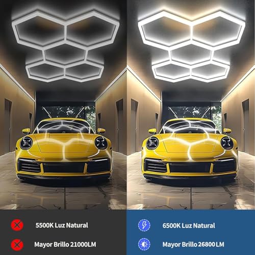 Luz LED Hexagonal para Cochera, 6500 K, 26800 Lúmenes 5 Cuadrículas Luces Hexagonales Lámpara para Cochera, Sótano, Sala de Juegos, Almacén, Gimnasio