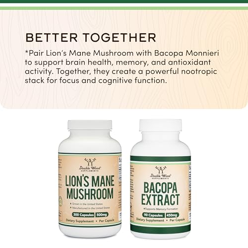 Organic Lions Mane Mushroom Capsules (300 Count), for Focus Support and Immune Health, Third Party Tested and Grown in The USA - by Double Wood