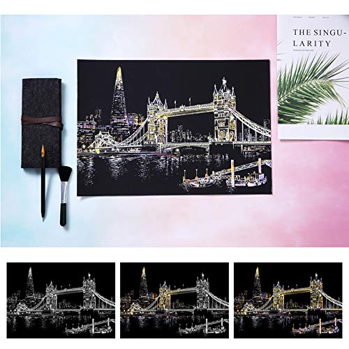 Scratch Art Rainbow Painting Paper, Sketch Pad DIY Night View Scratchboard for Kids & Adults, Engraving Art & Craft Set, Scratch Painting Creative Gift, 16'' x 11.2'' with 3 Tools (Tower Bridge)