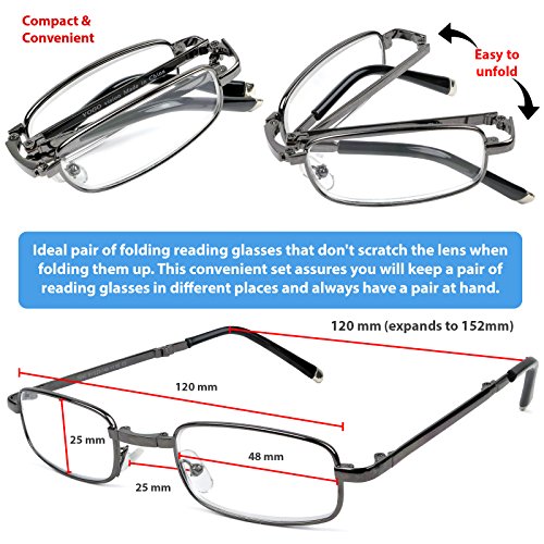 Reading Glasses Set of 2 Fashion Folding Readers with Leather Cases Brown and Gunmetal Glasses for Reading for Men and Women +1.5