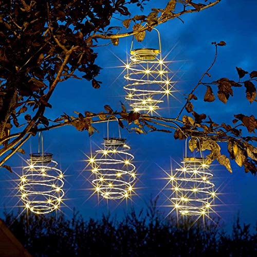 Garden Mile 4X Solar LED Spiral Lights Lighting for Outdoors Set of 4 Hanging Lanterns for Garden Warm White Lights Hanging Copper Spiral Lights Autumn Outdoor Decorating